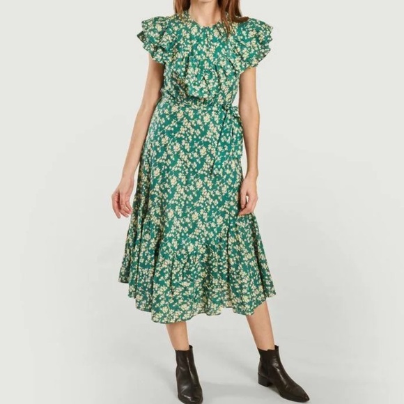 Soeur Lily Cotton Green Floral Midi Dress Sz 38 (Medium) - Picture 4 of 15
